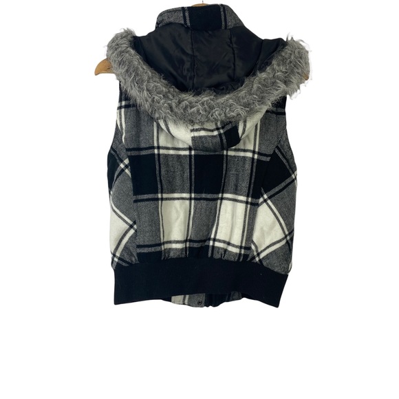 Op Womens Jrs XL Flannel Puffer Vest Zip & Button Up Black White Hooded - Picture 6 of 9